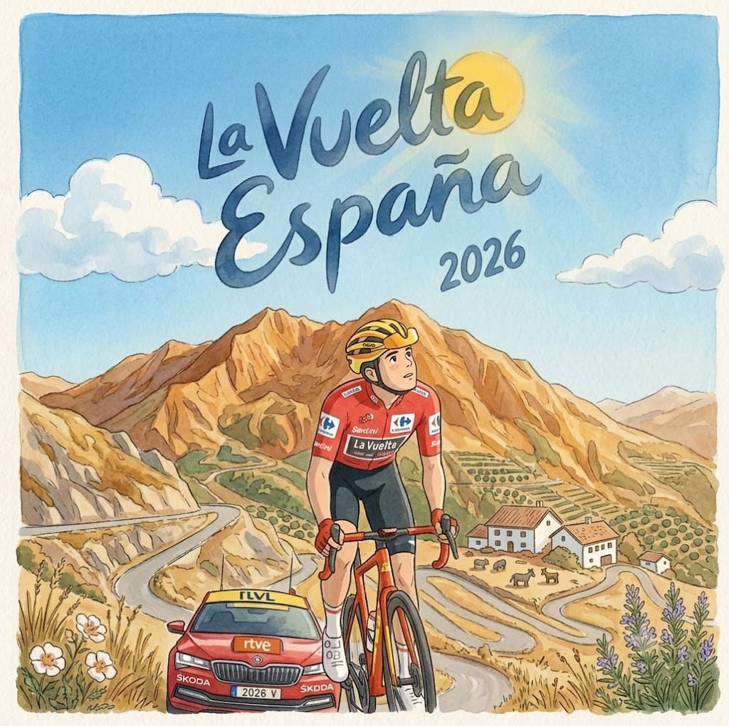 La Vuelta a España 2026 — illustrated red-jersey rider on a sunlit Spanish climb